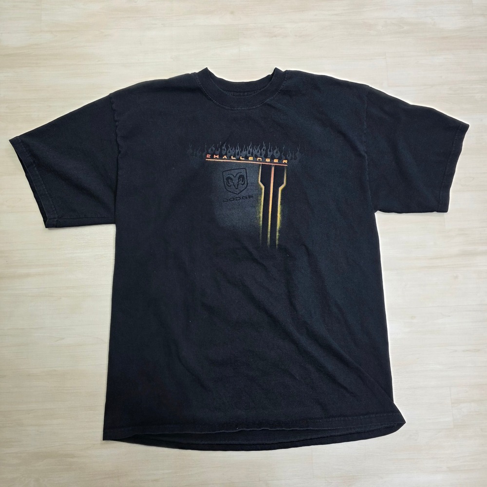 Dodge Challenger Mens XL Black Orange Shirt Flame Car Logo‎ Double Sided Large